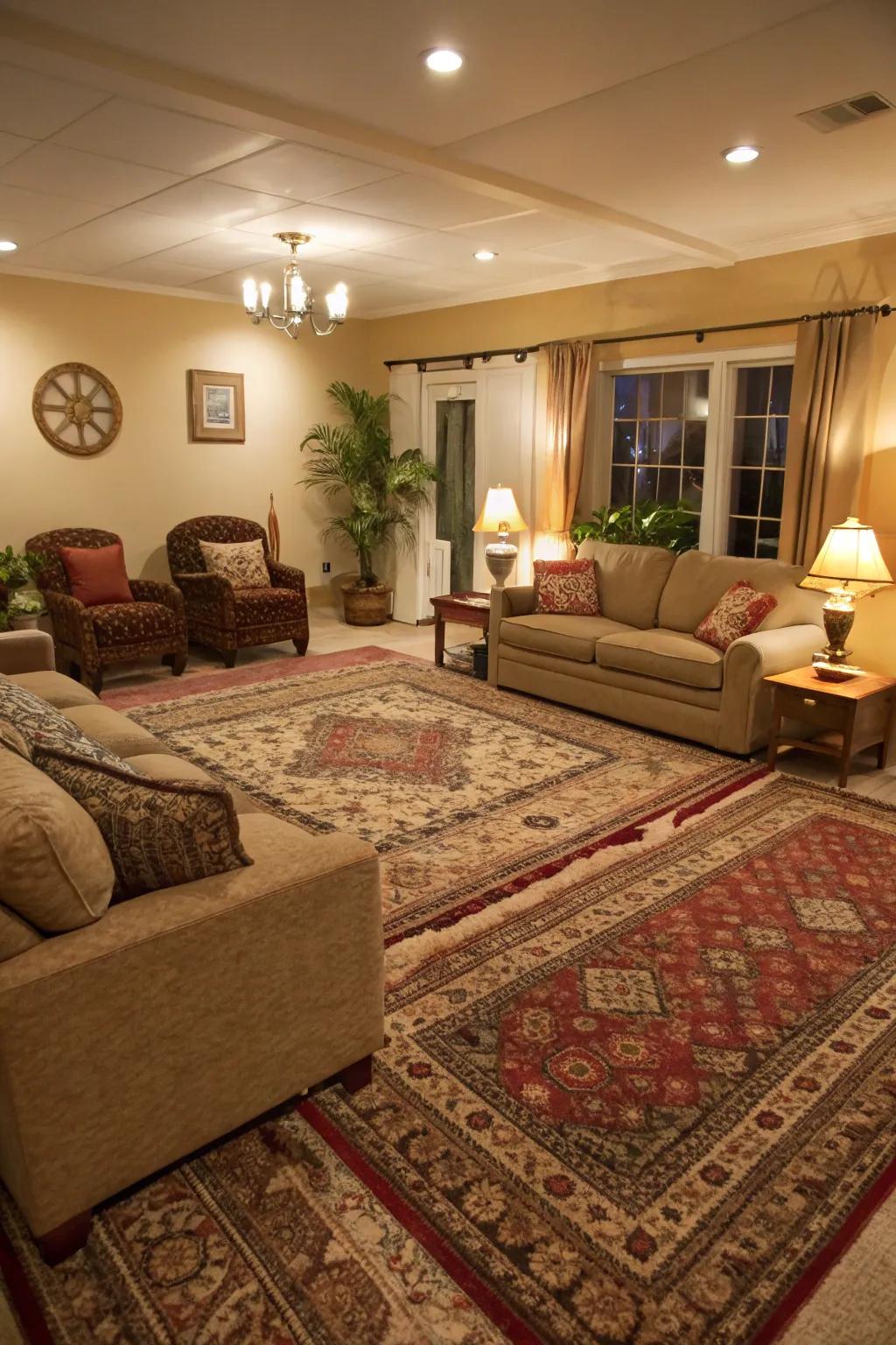 Layering floor coverings transforms any space into a cozy haven.