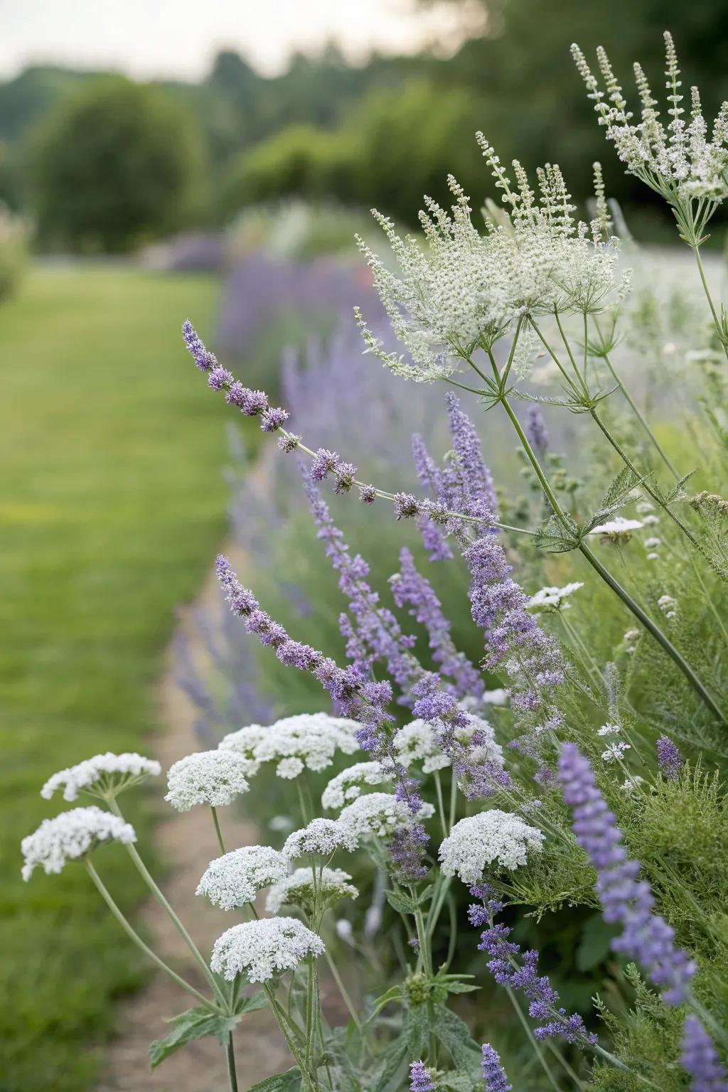 A subtly elegant garden displaying Azure blooms and fineleaf.