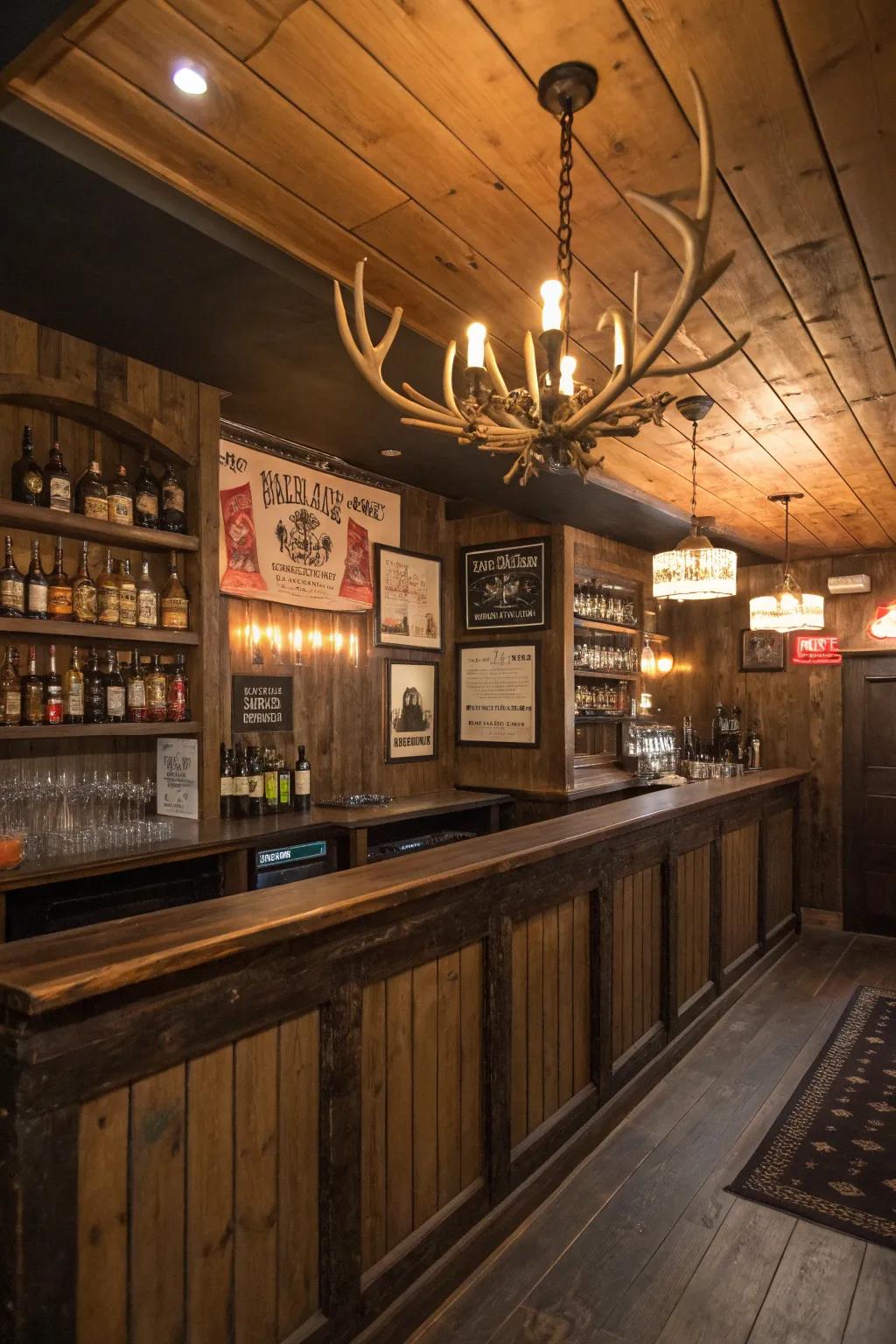 A stag horn light fixture functioning as a daring and elegant center point.