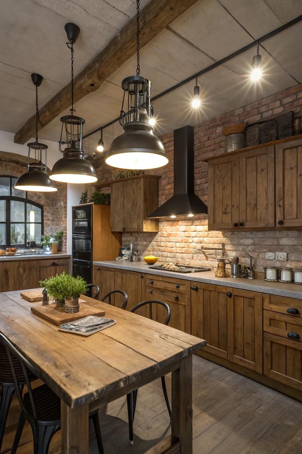 A kitchen blending countryside charm with factory lighting.