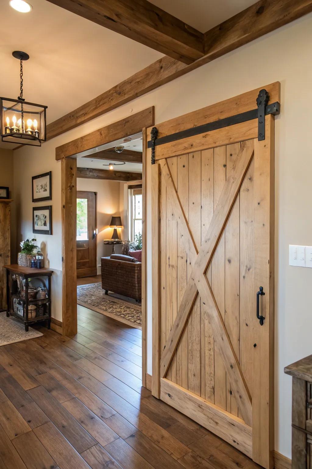 A farmhouse aesthetic doorway casing with charming cross-bracing nuances.