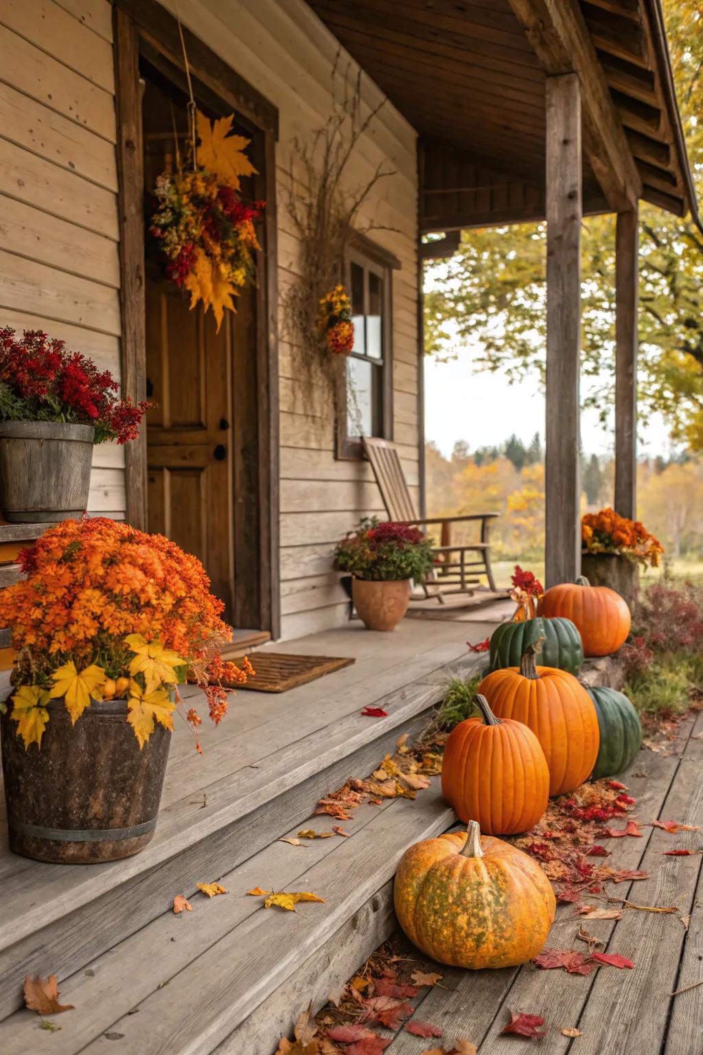 Seasonal decorations introduce a festive element to this country porch.