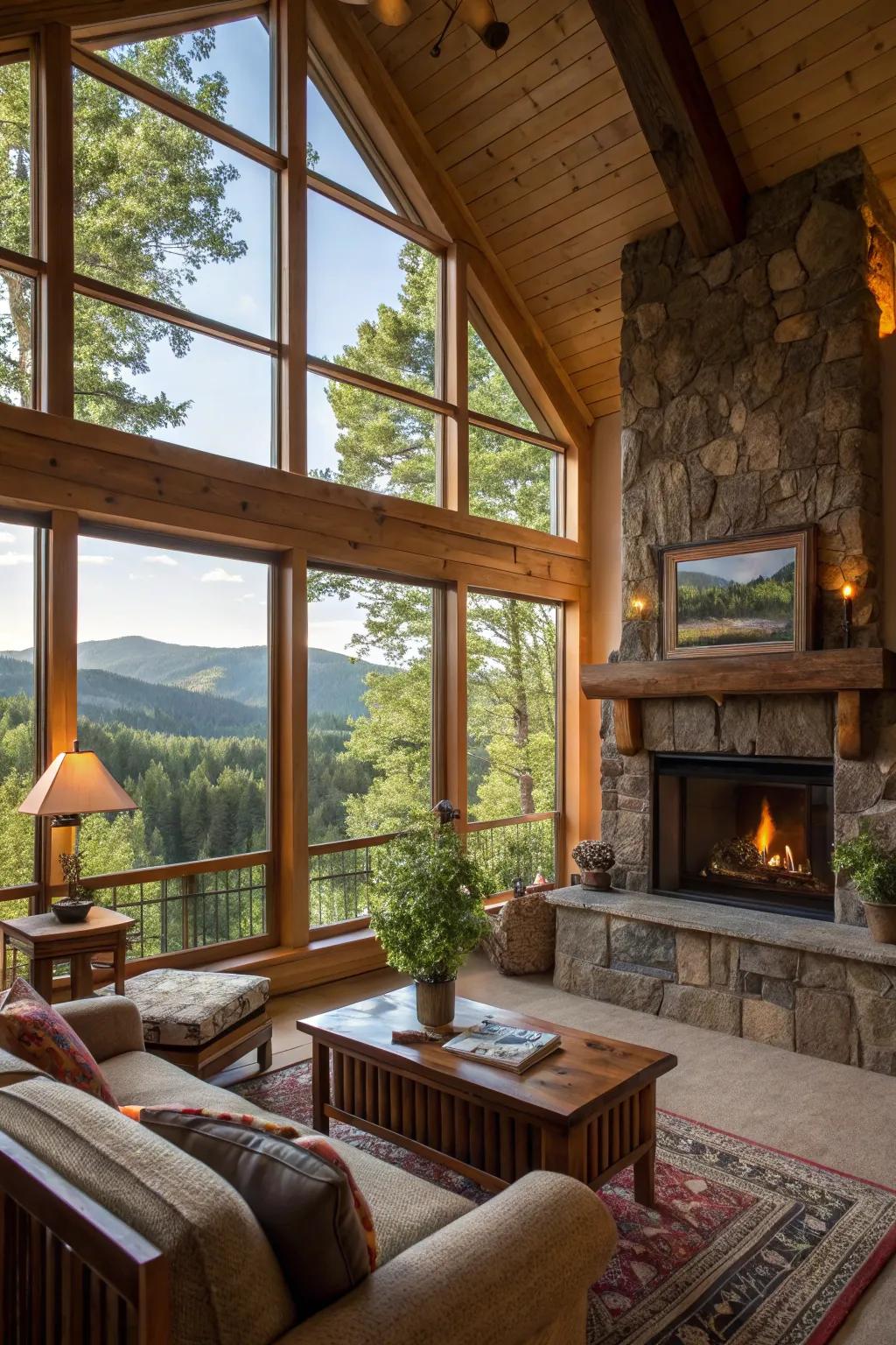 Interior-exterior harmony is accomplished with this countryside fireplace layout.