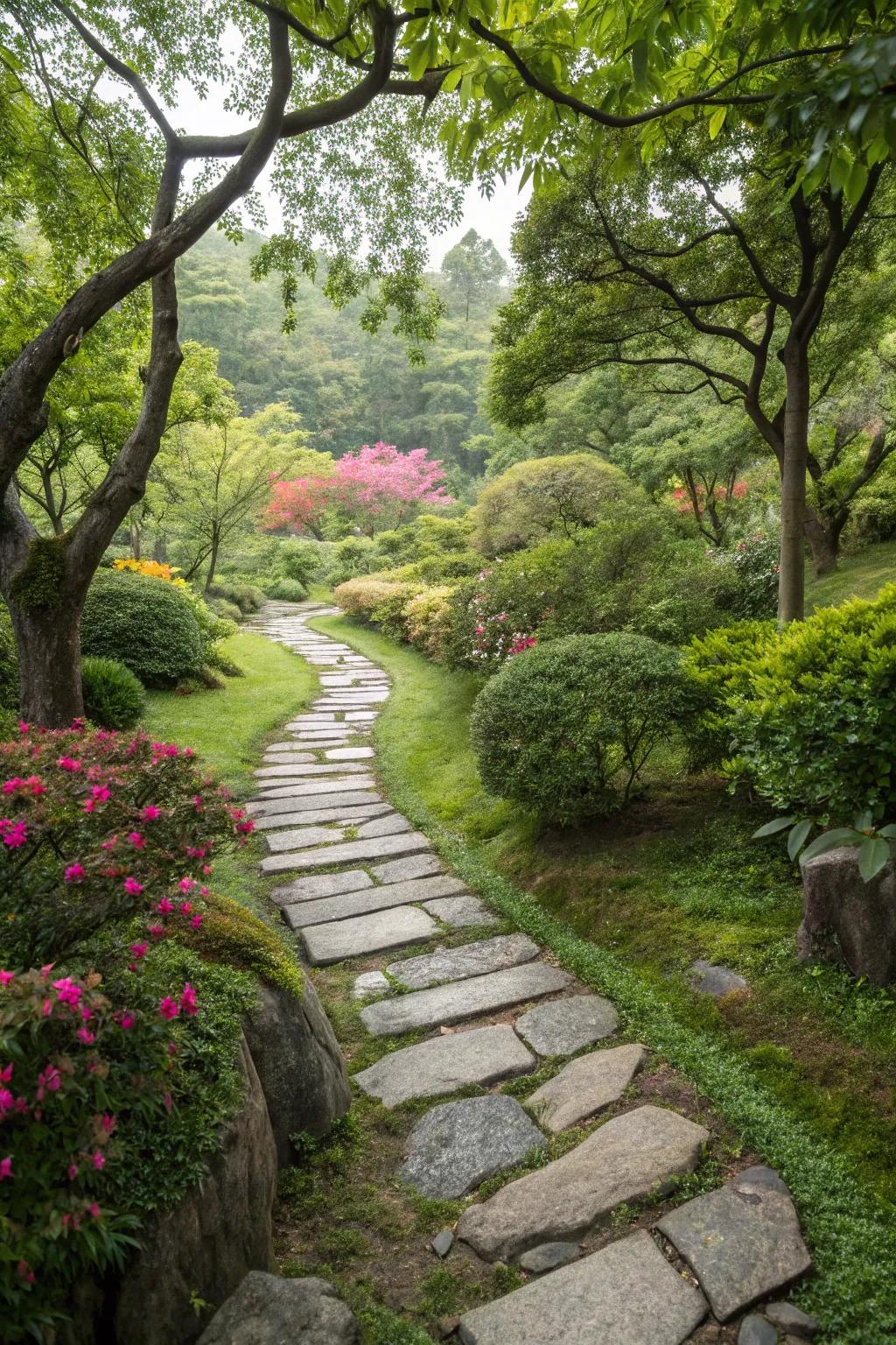 A stone pathway meanders through a down-to-earth garden.