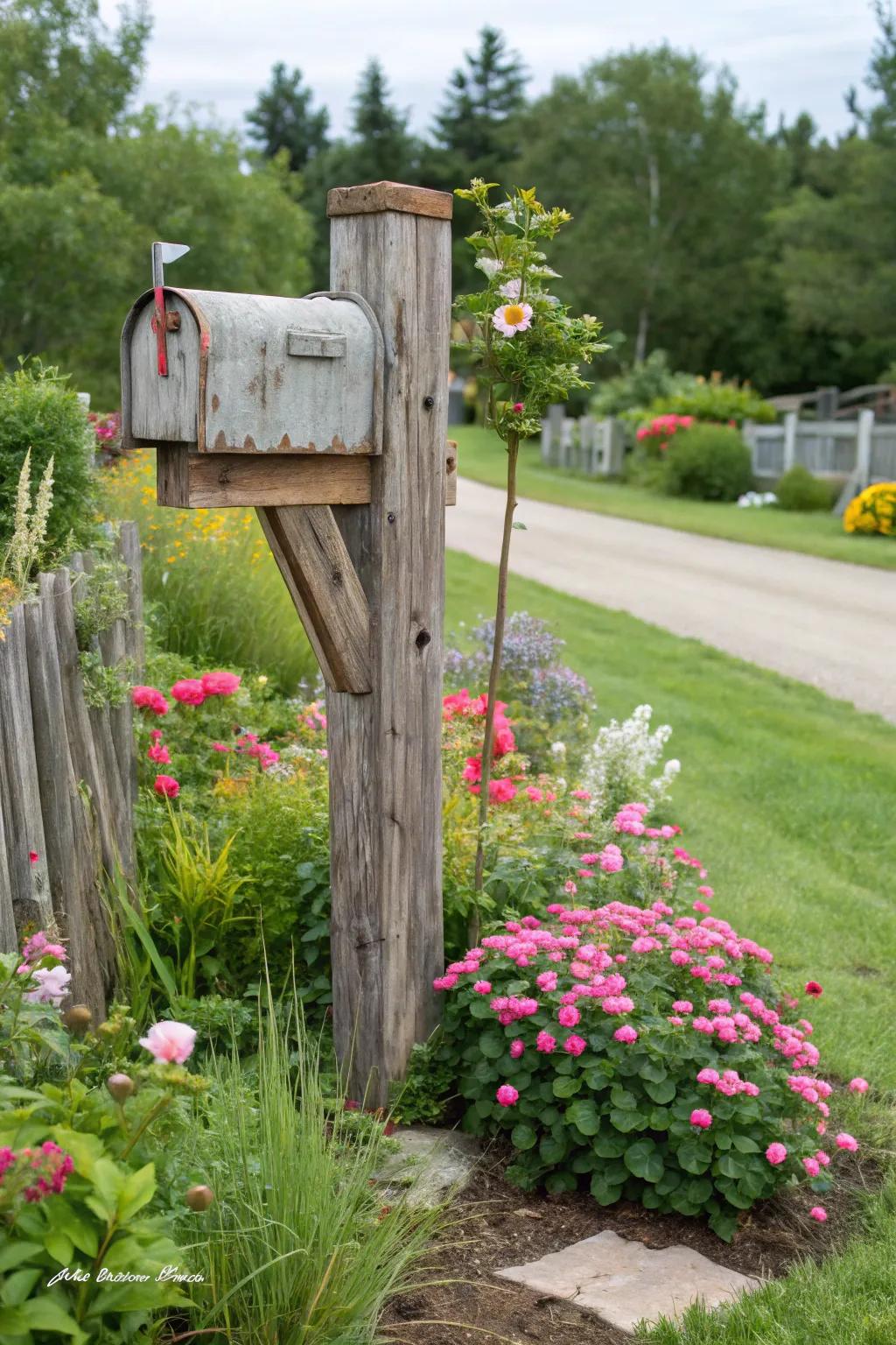 Cedar fence boards establish a warm and welcoming mailbox support.