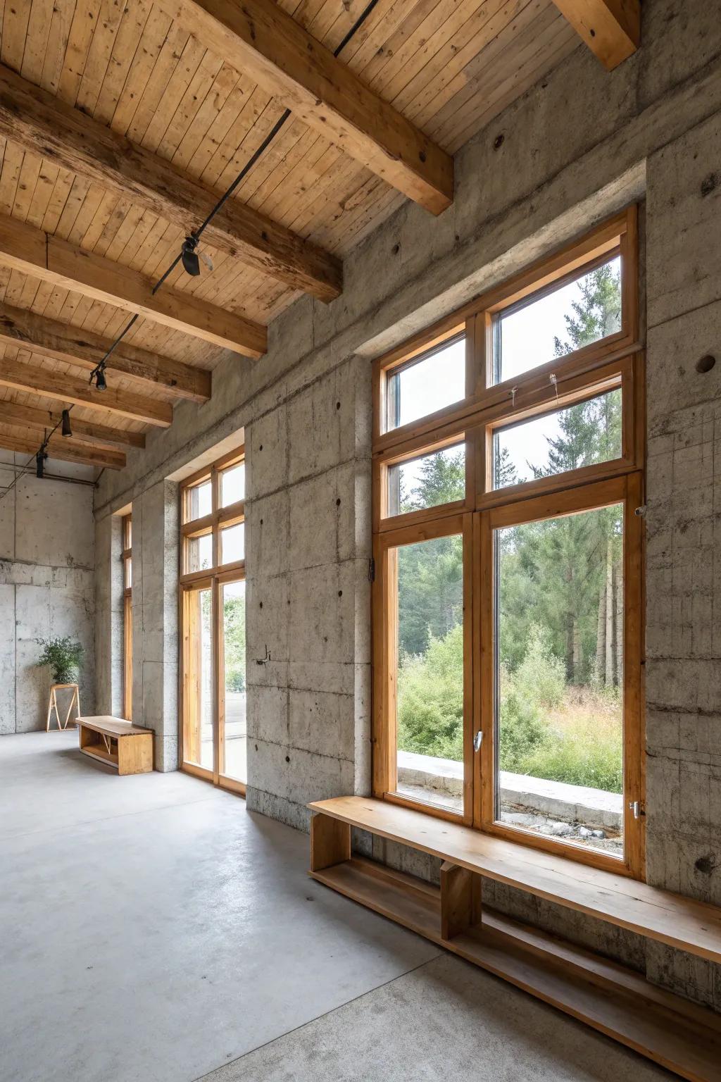 Industrial components meet country fir for a distinctive atmosphere.
