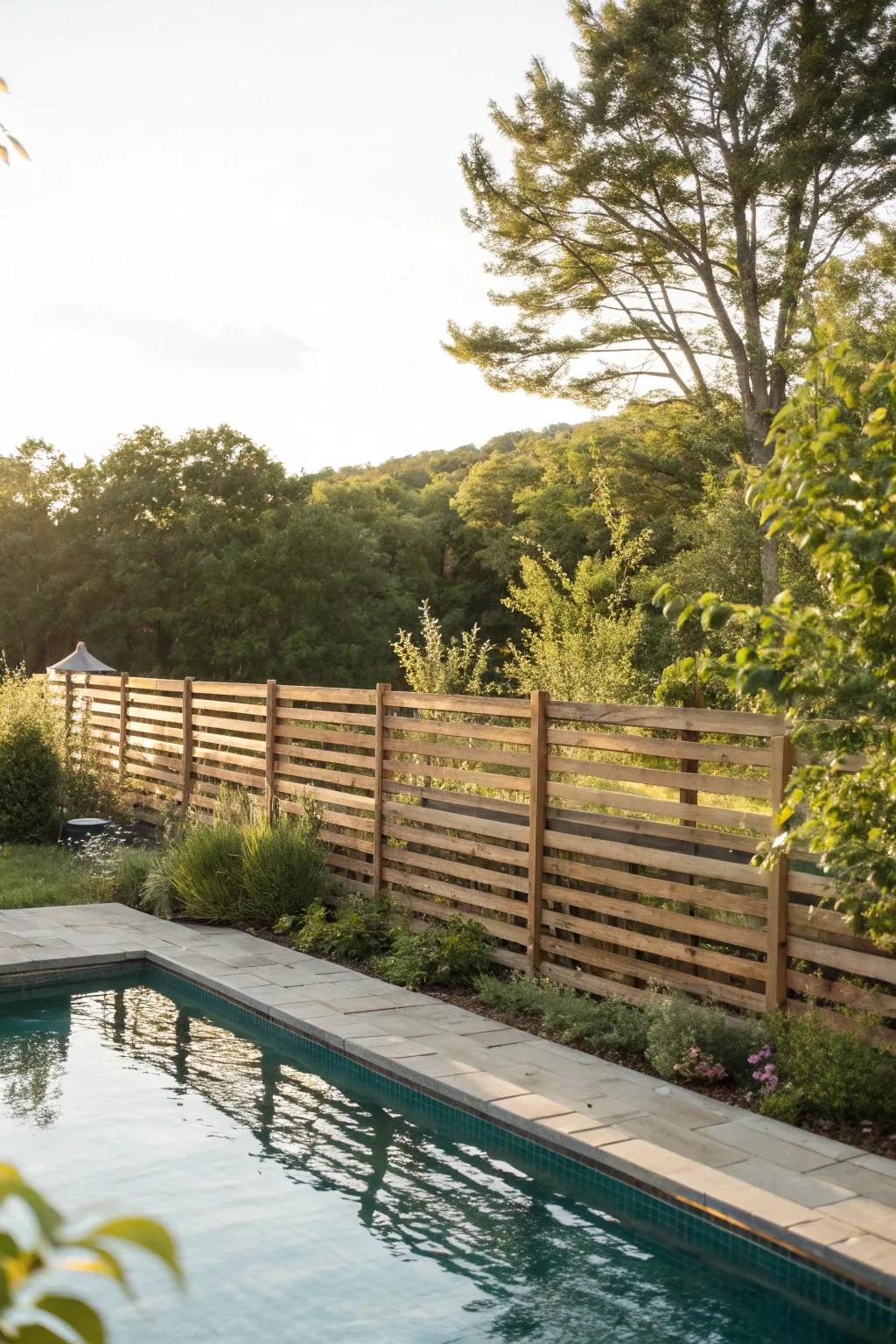 Even timber slats crafting a warm, secluded poolside getaway.