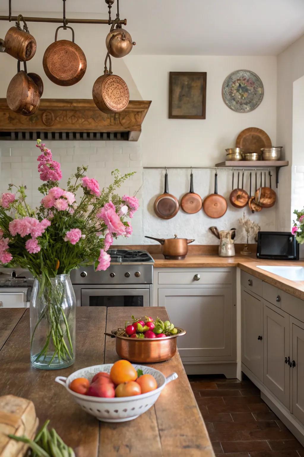 An assorted blend of decor enriches a countryside kitchen with character.