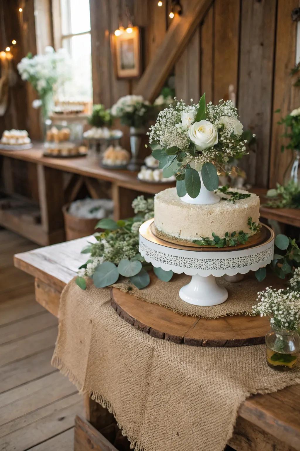 Hessian runner adds cohesion to the rustic cake display.