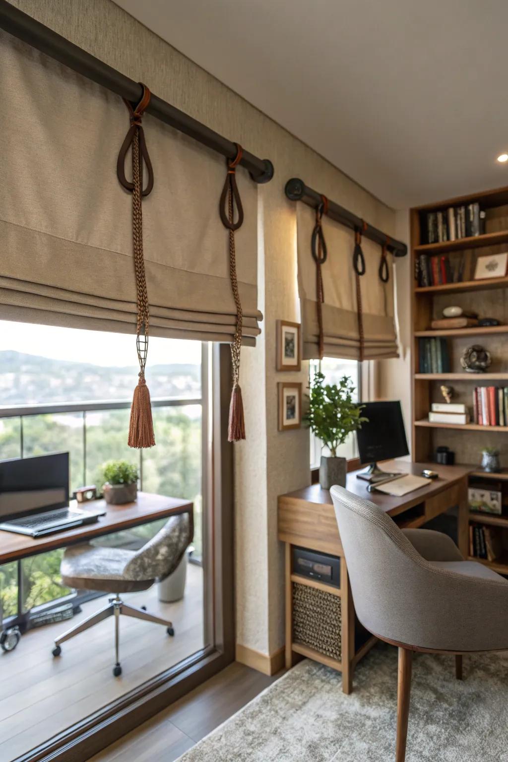 A stylish work area featuring a valance with hide loop details, adding a hint of elegance.