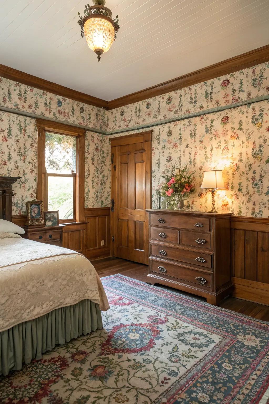 Combine paneling with wallpaper for a charming and vintage look.