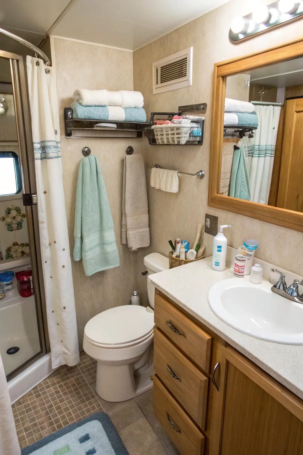 Utilize self-adhesive hooks for versatile hanging options.