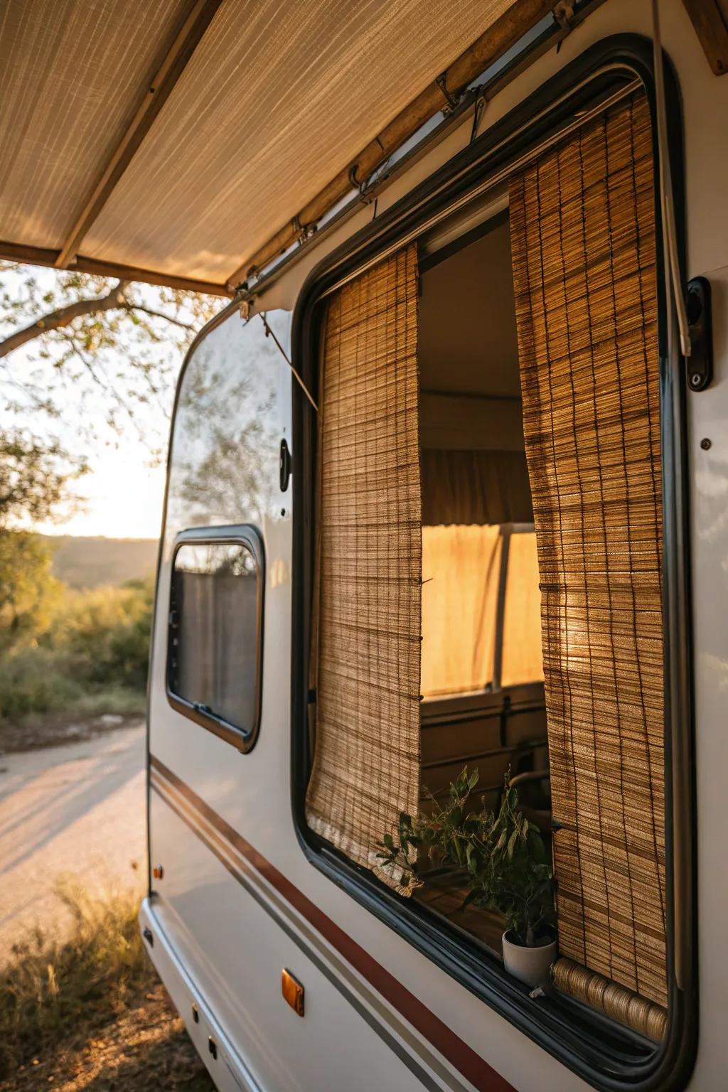 Eco-friendly elegance: woven wooden shades in an RV.