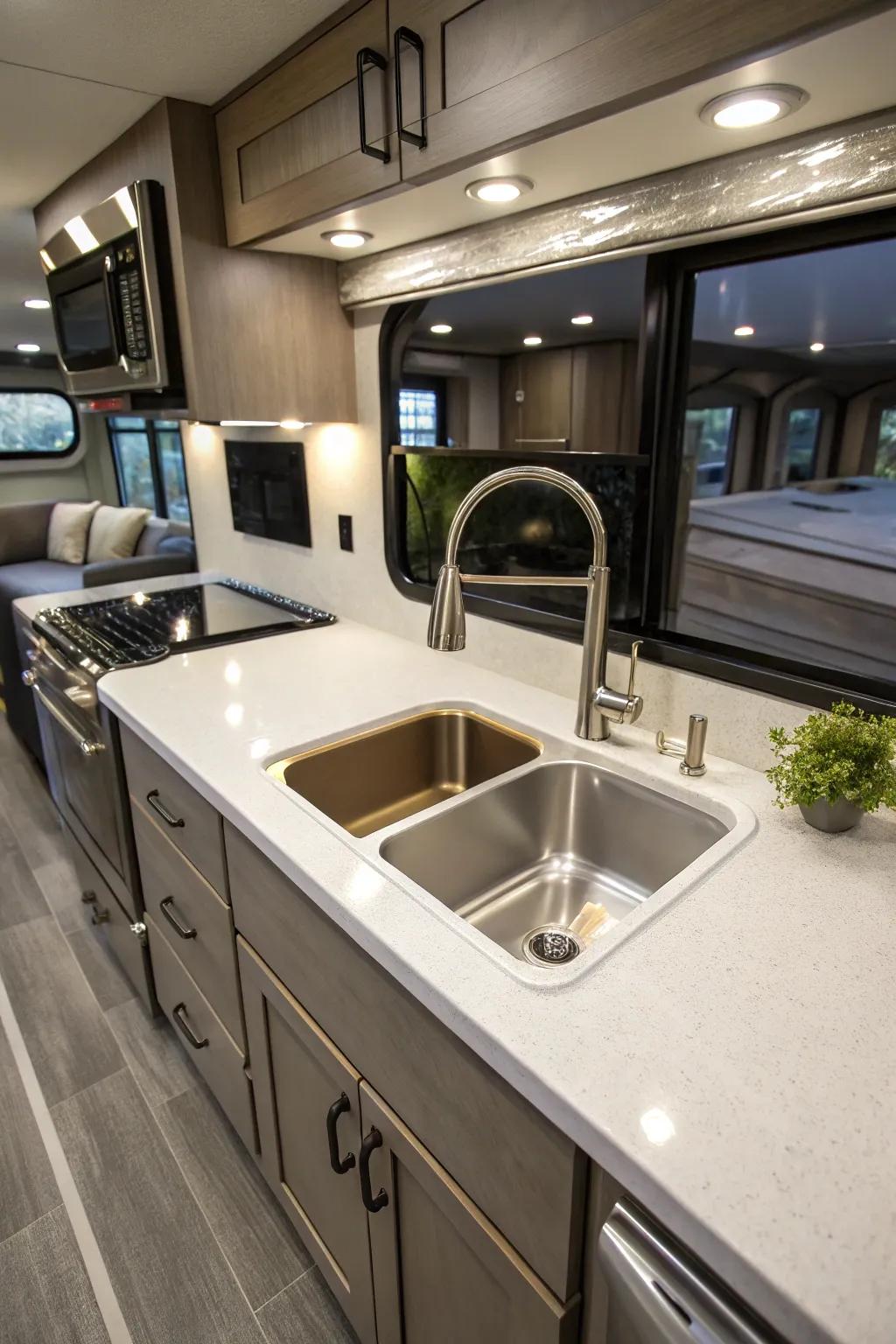 A sleek sink giving a modern edge to an RV kitchen.