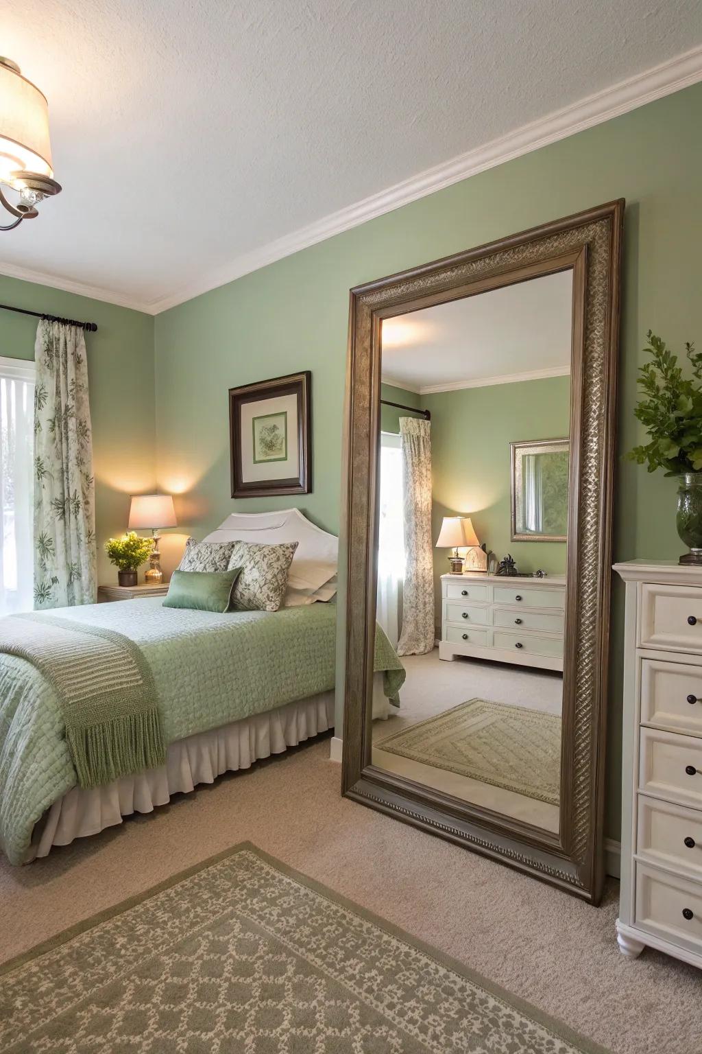 A large reflector enhances area and illumination, adding elegance to the bedroom.