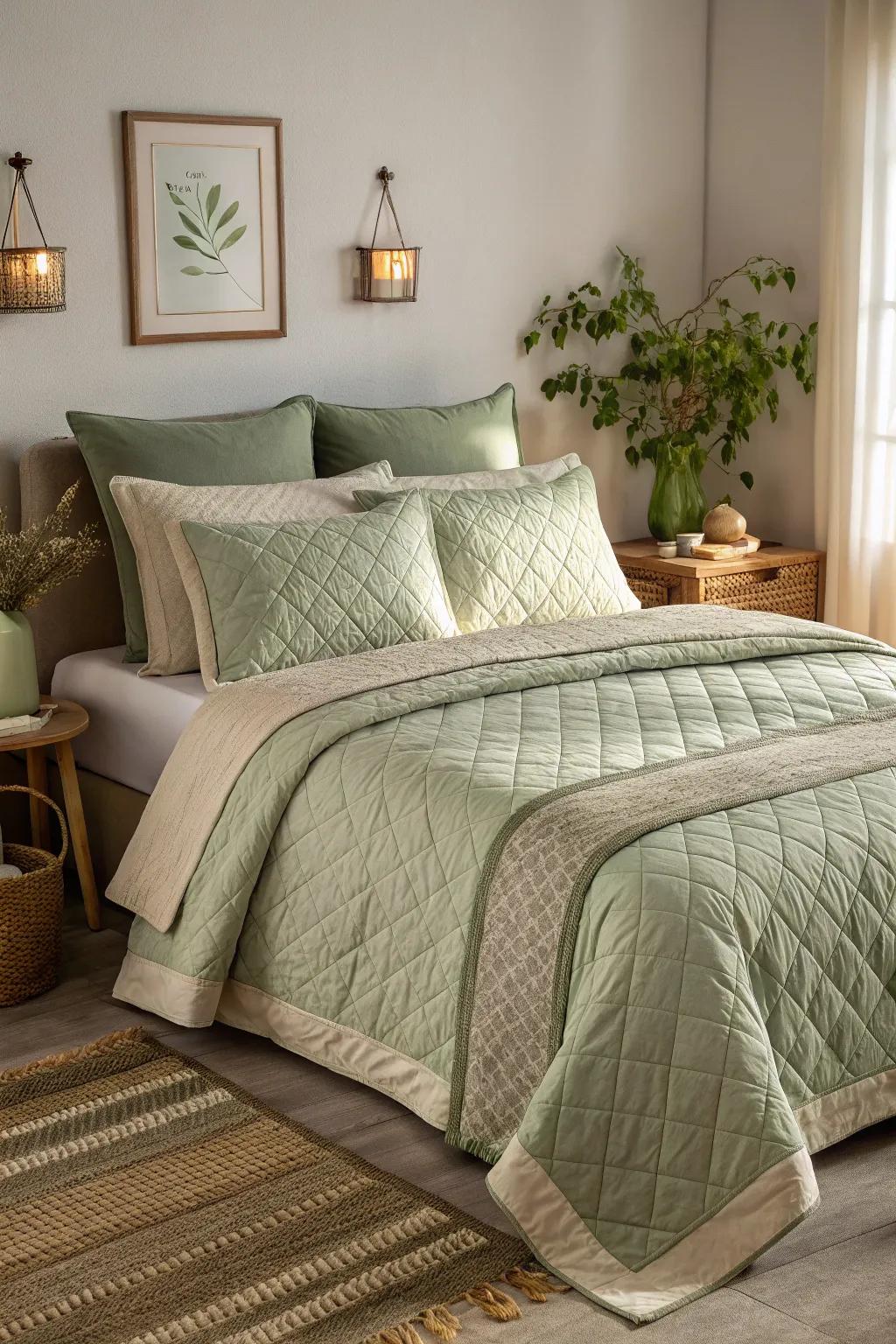 The combination of gentle green and beige creates a peaceful atmosphere.