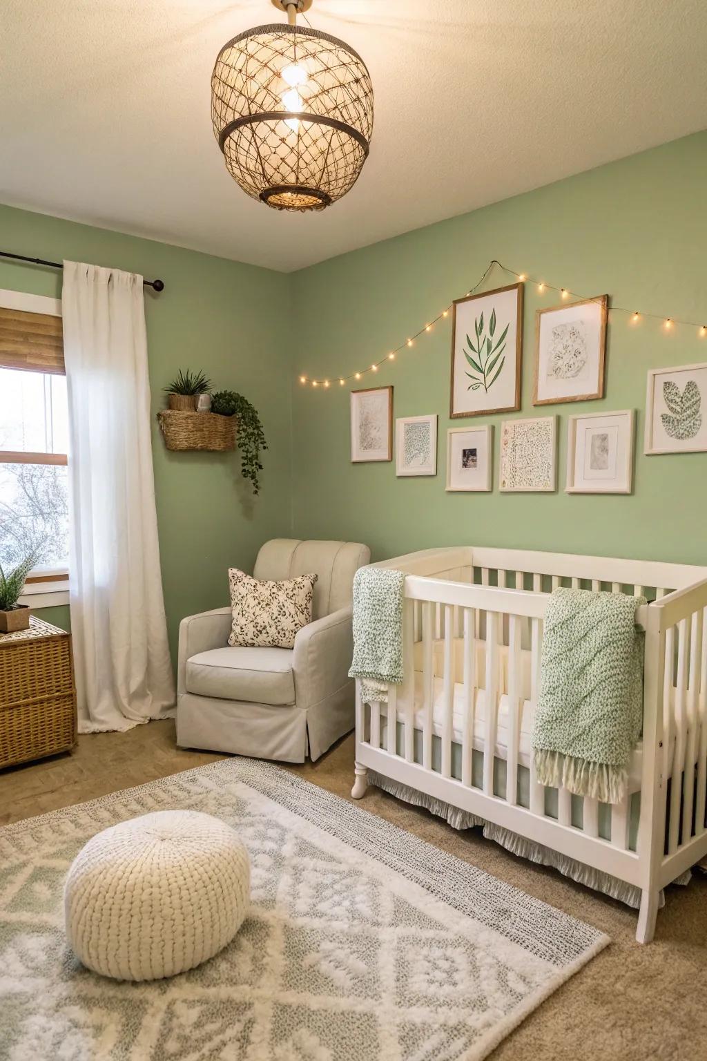 Soft accent colors balance the verdant mist in this nursery.