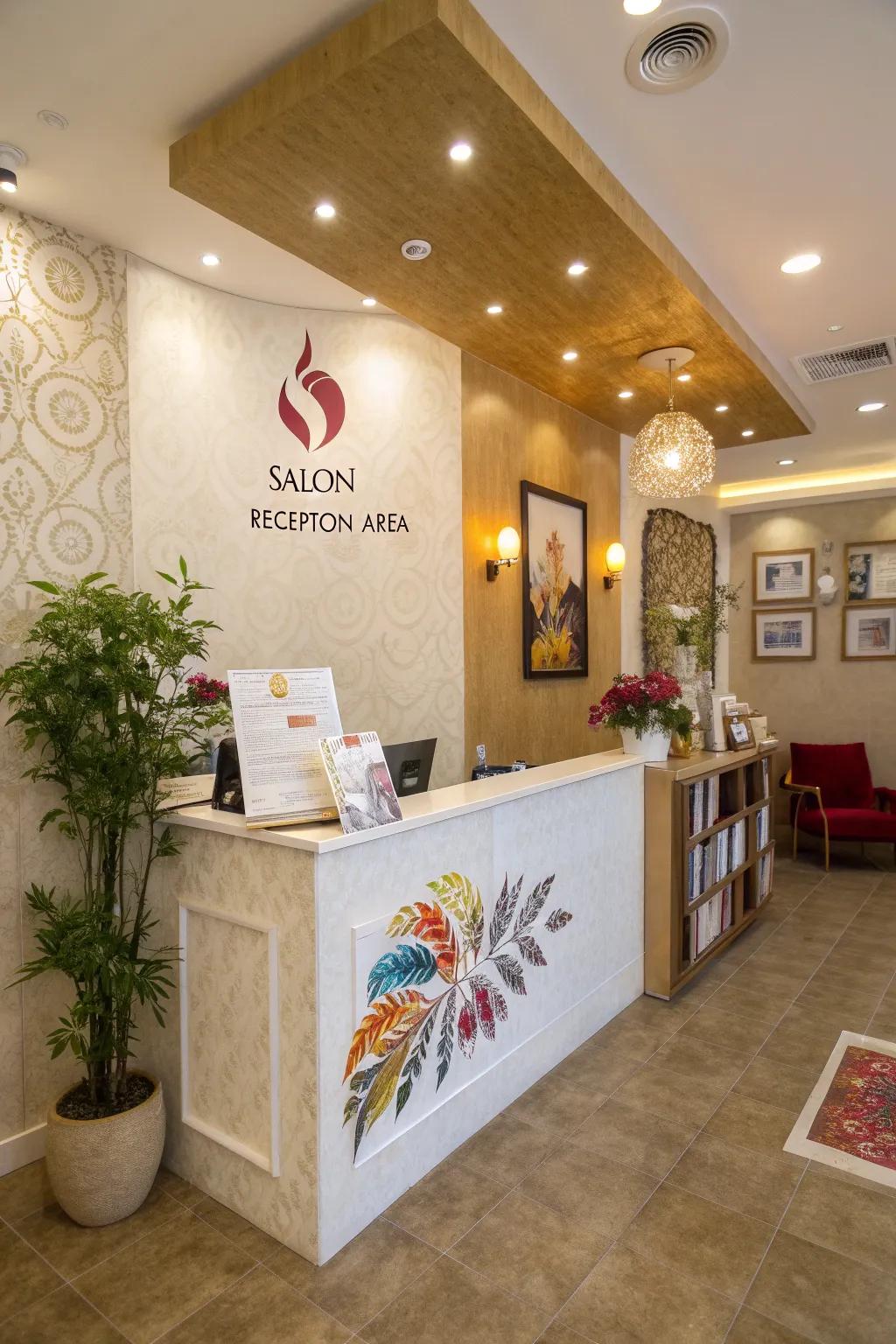 A salon reception showing custom branding through logos and colors.