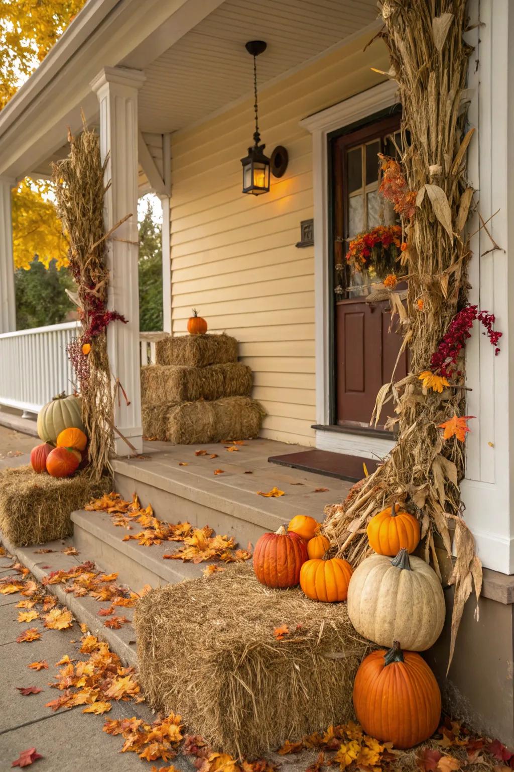 Rustic elements such as fiber bundles and corn stalks bring a traditional All Hallows' Eve vibe.