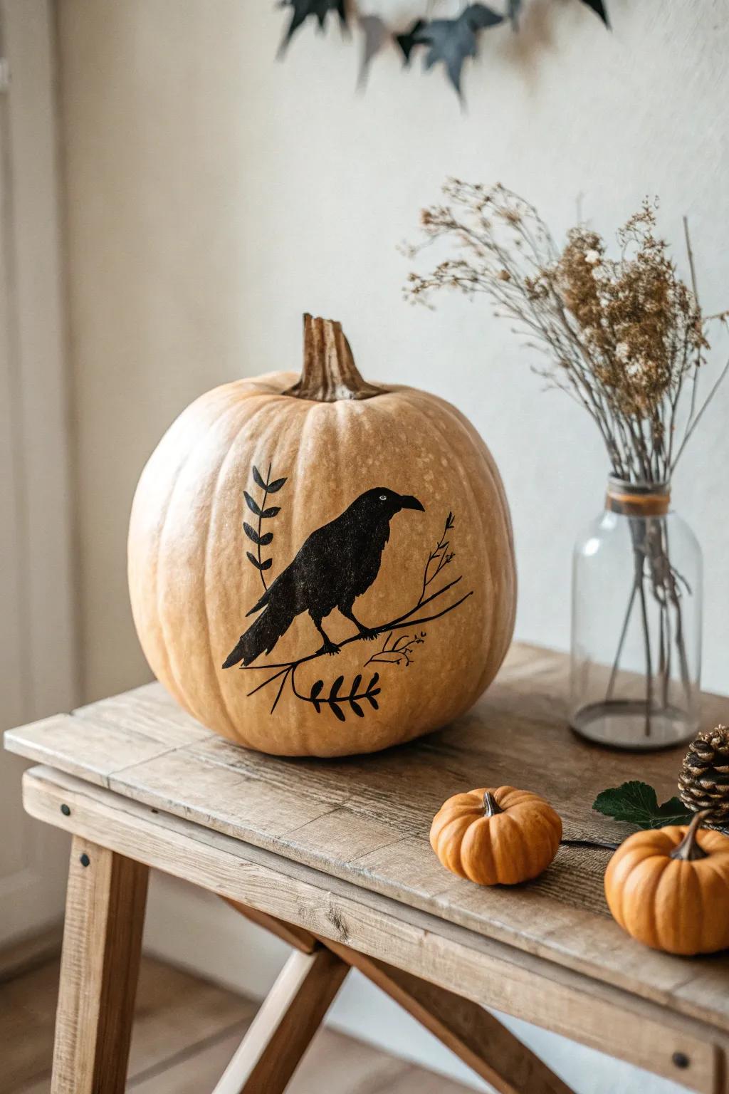 Delight in the mystery with a raven silhouette pumpkin, where classic horror meets simplistic beauty.