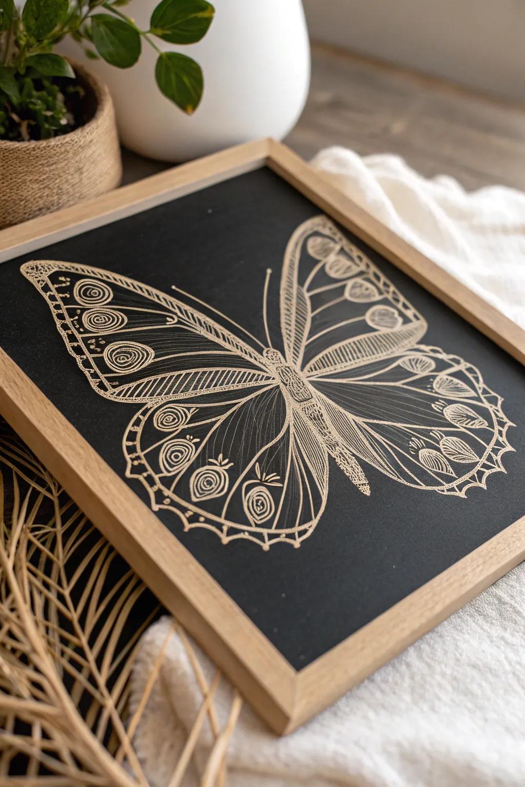 Explore the Art of Simplicity: Delicate Butterfly Wings in Scratch-Board Detail.