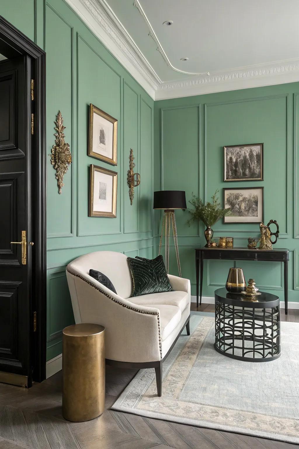 A well-balanced space defined by its seafoam green walls and delicately softened shades.