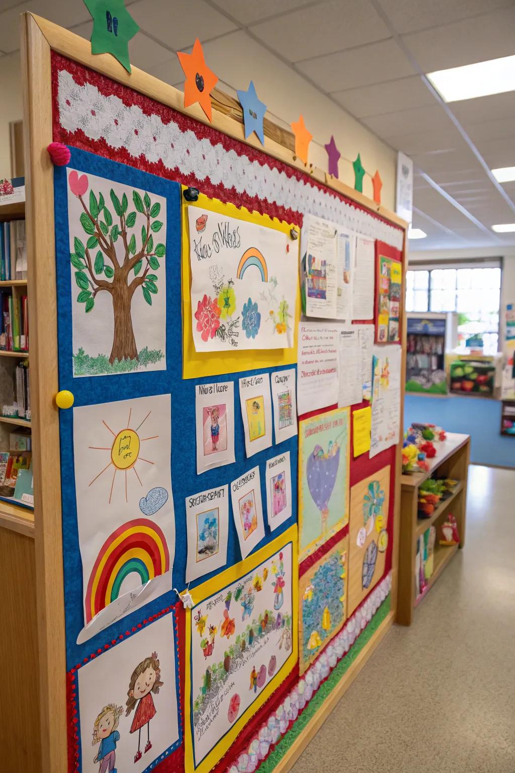 A harvest-themed bulletin board exhibiting children's artwork.