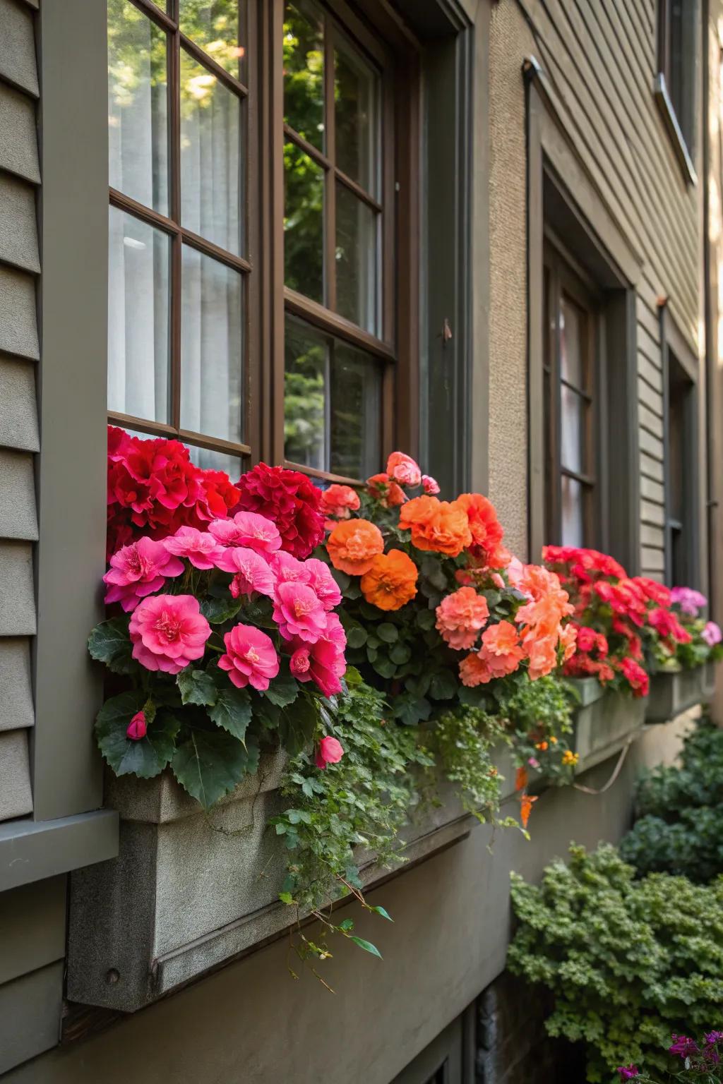 Tuberous begonias offer drama and color to shaded windows.