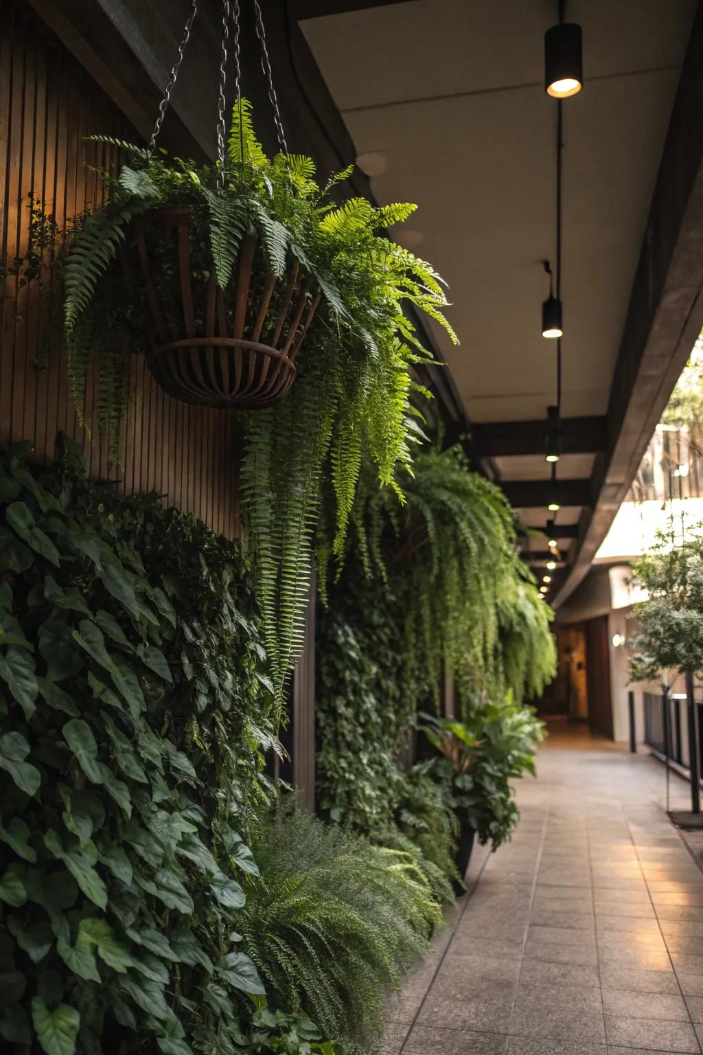 A vertical garden in a shaded locale featuring suspended planters filled with ferns and cascading botanicals.