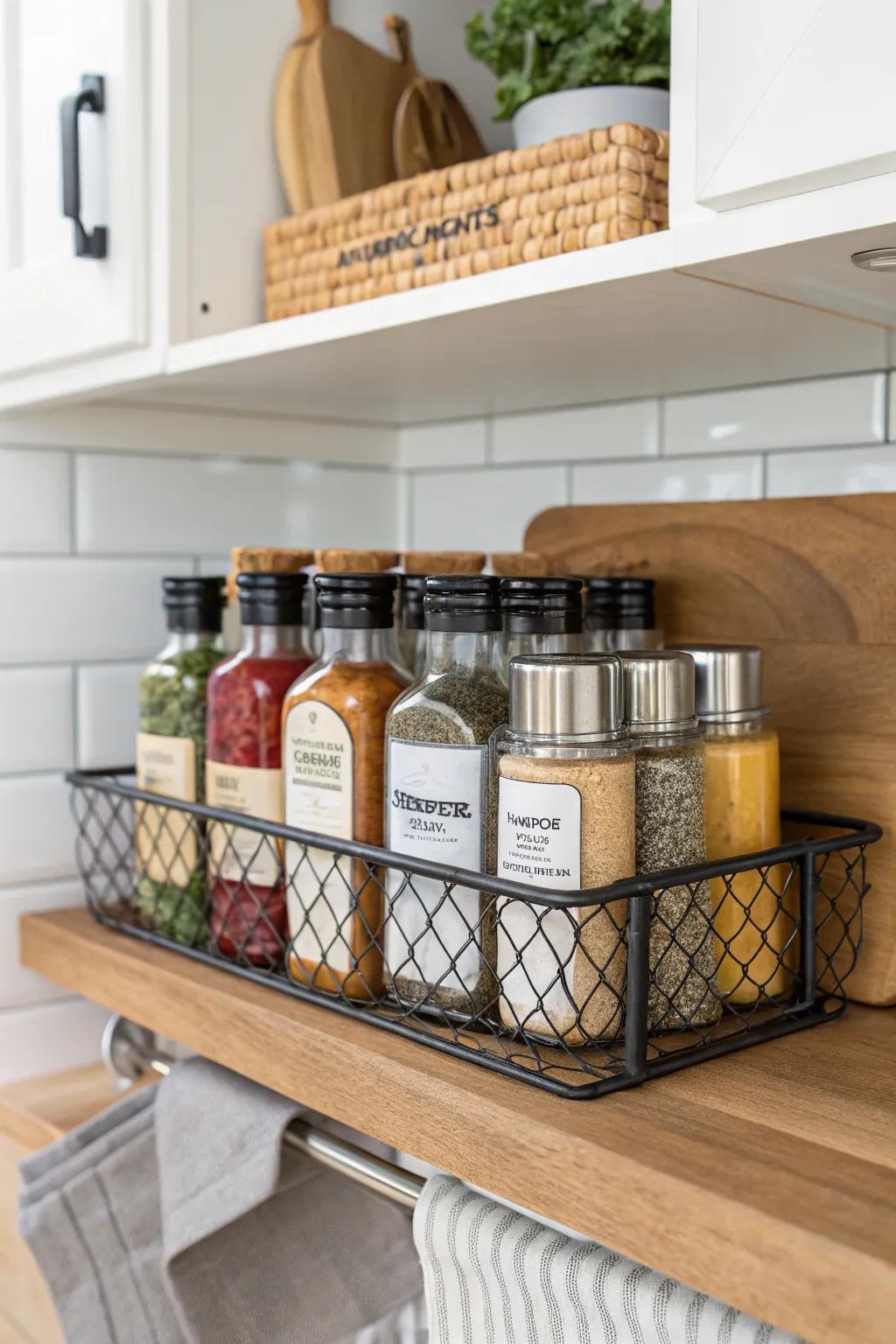 An under-shelf basket creates extra storage for mixing containers.