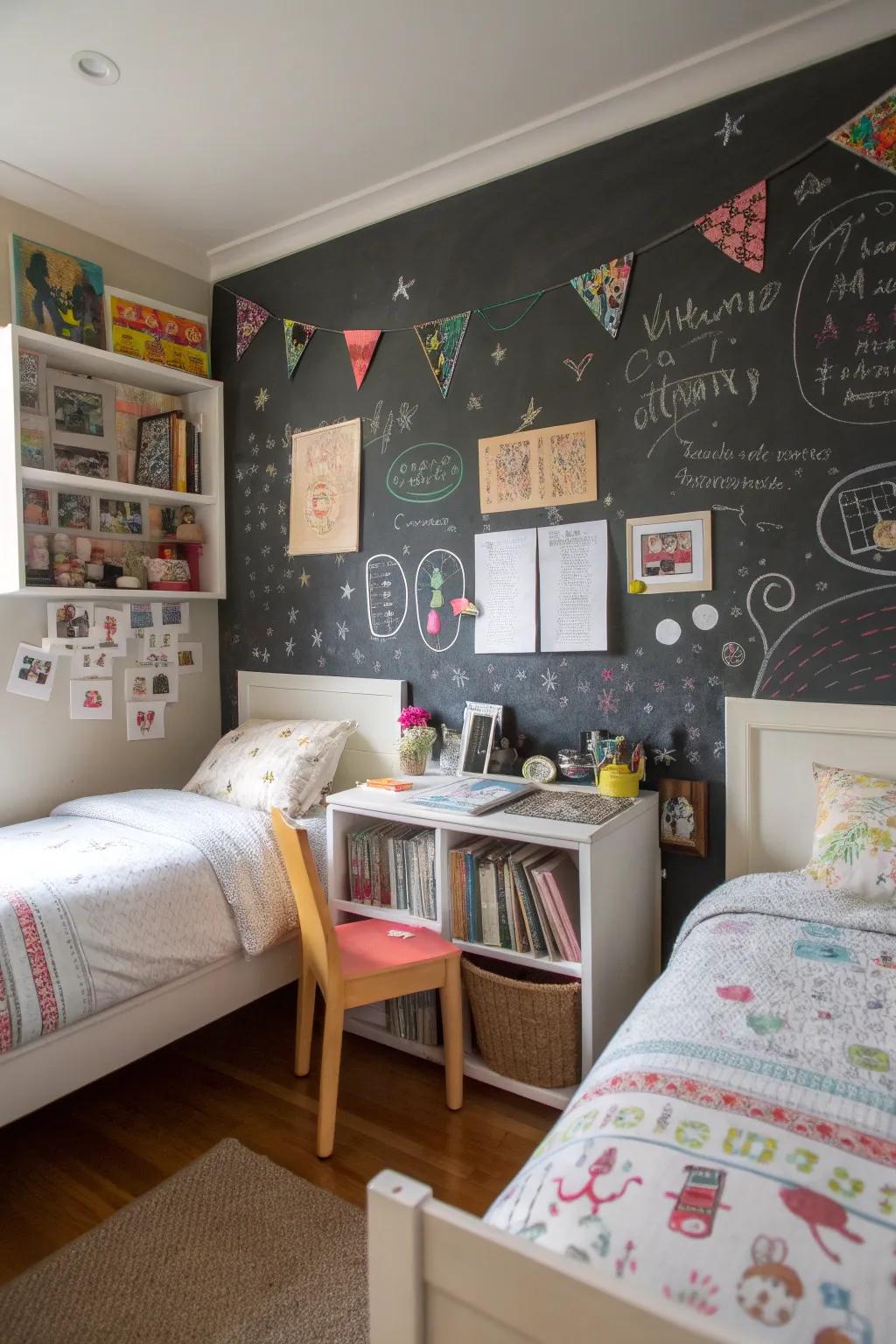 A blackboard surface invites creativity and playful interaction.