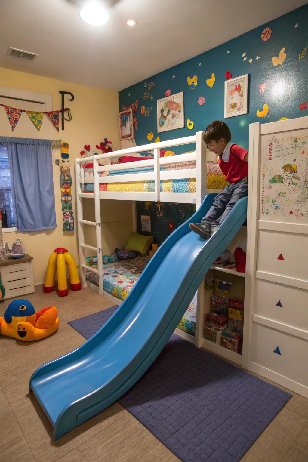 An indoor slide contributes an unforeseen and fun detail.