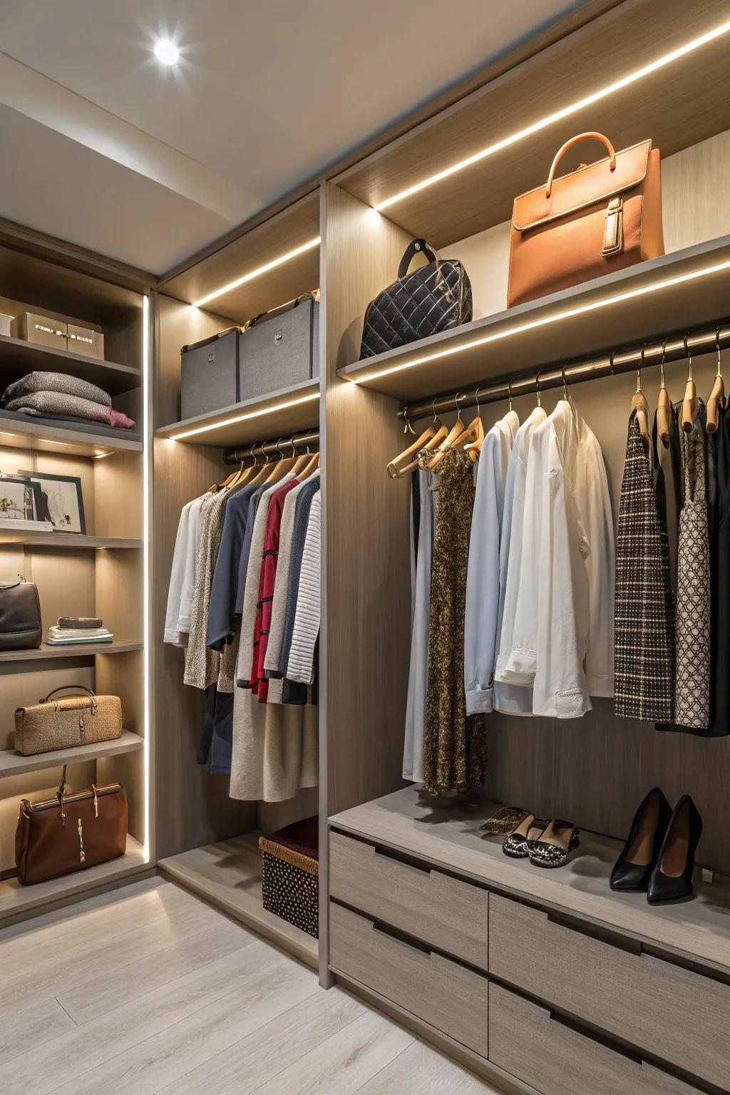 A chic closet featuring integrated lighting for enhanced visibility.
