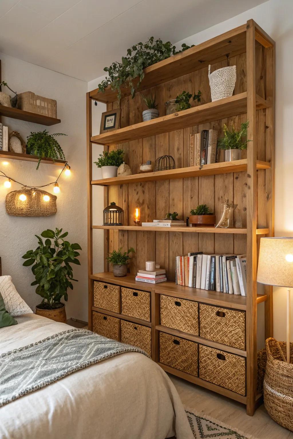 Shelves made of natural wood contribute warmth and texture.