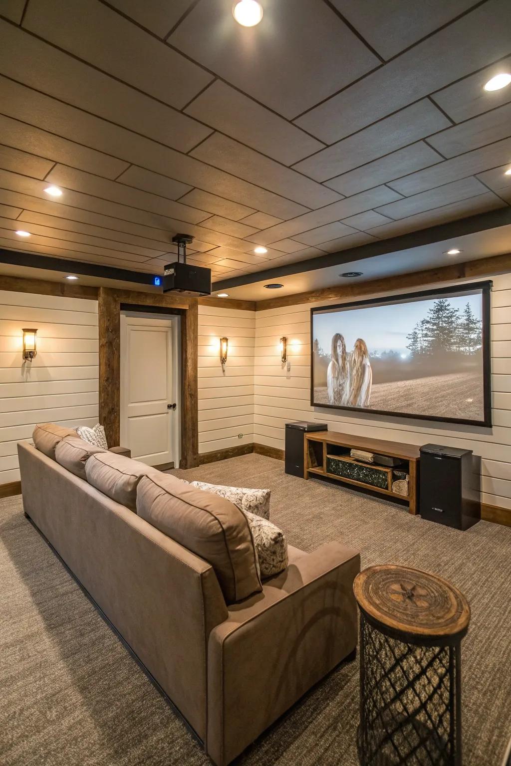 A home cinema in the basement showcasing grooveboard walls and sumptuous seating.