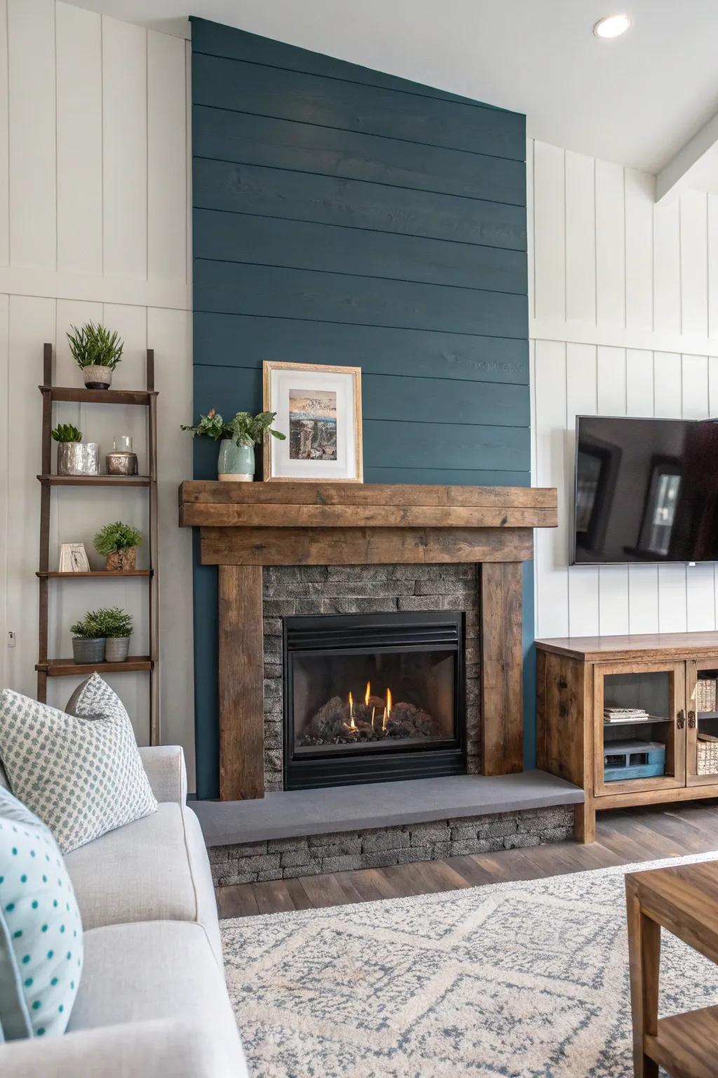 Contrasting colors on shiplap and mantel add a bold contemporary twist.