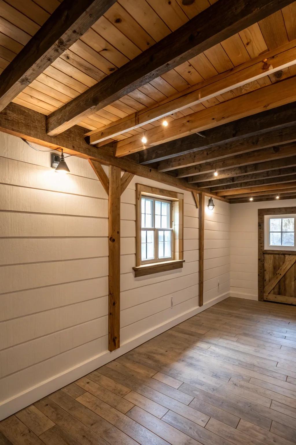 Country charm with shiplap and overhead beams.