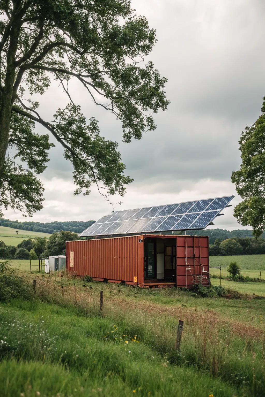 A self-sufficient shipping container barn powered by sun's energy.