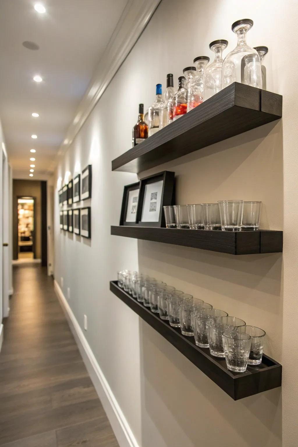 A corridor showcasing levitating platforms with shot glasses, fashioning a minimalist aesthetic.