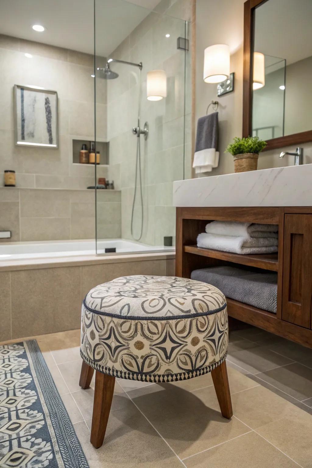 Ornamental embellishments such as perches append charm and practicality to the shower space.