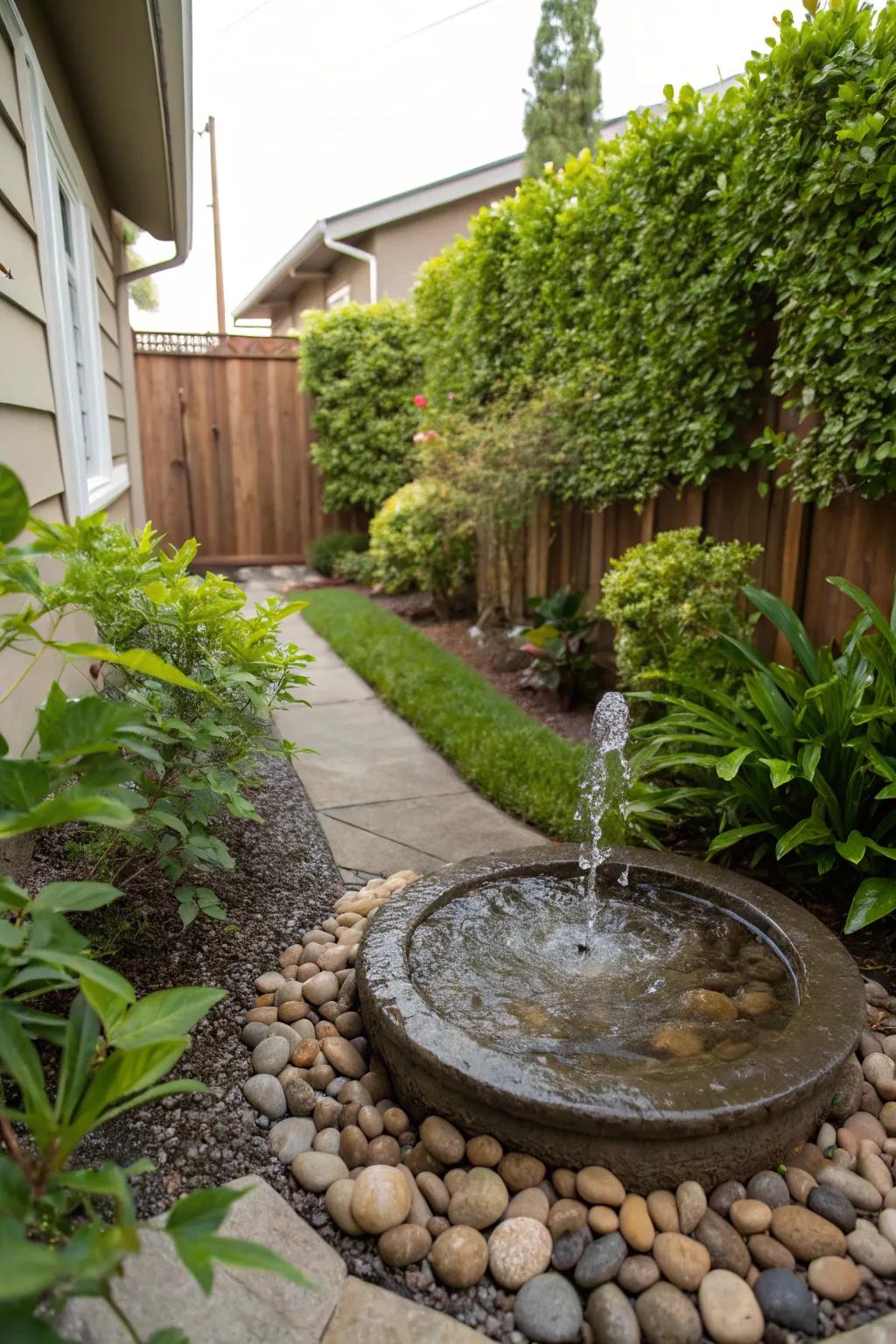Introduce a peaceful soundscape with a compact water feature.