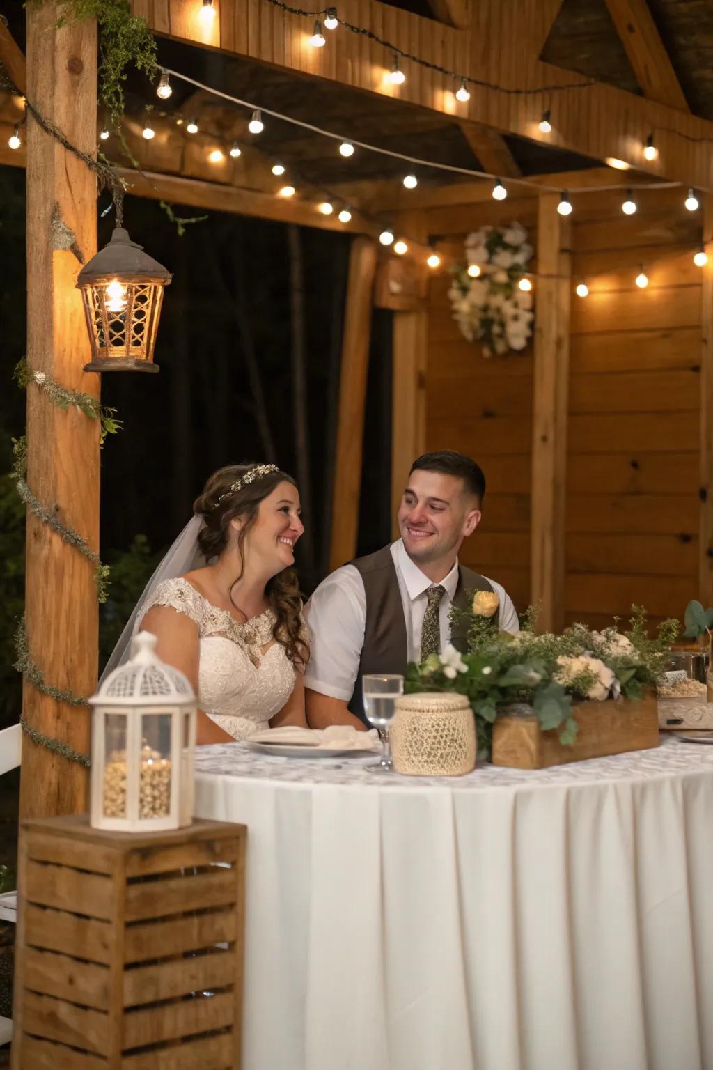 The bride and groom are seated at a table with timber accents that evokes a country aesthetic.