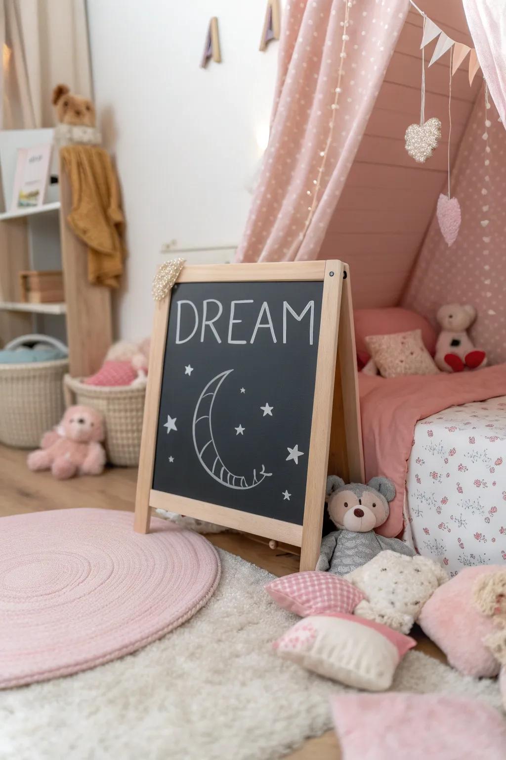 A child's bedroom chalkboard featuring a quote about dreams.