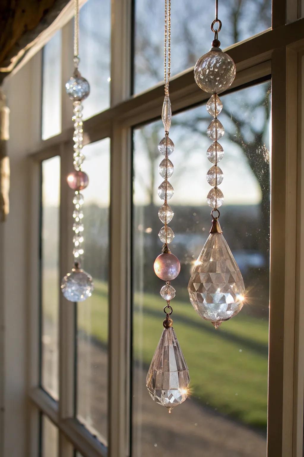 Suspending crystalline trinkets fashion a scintillating window presentation.