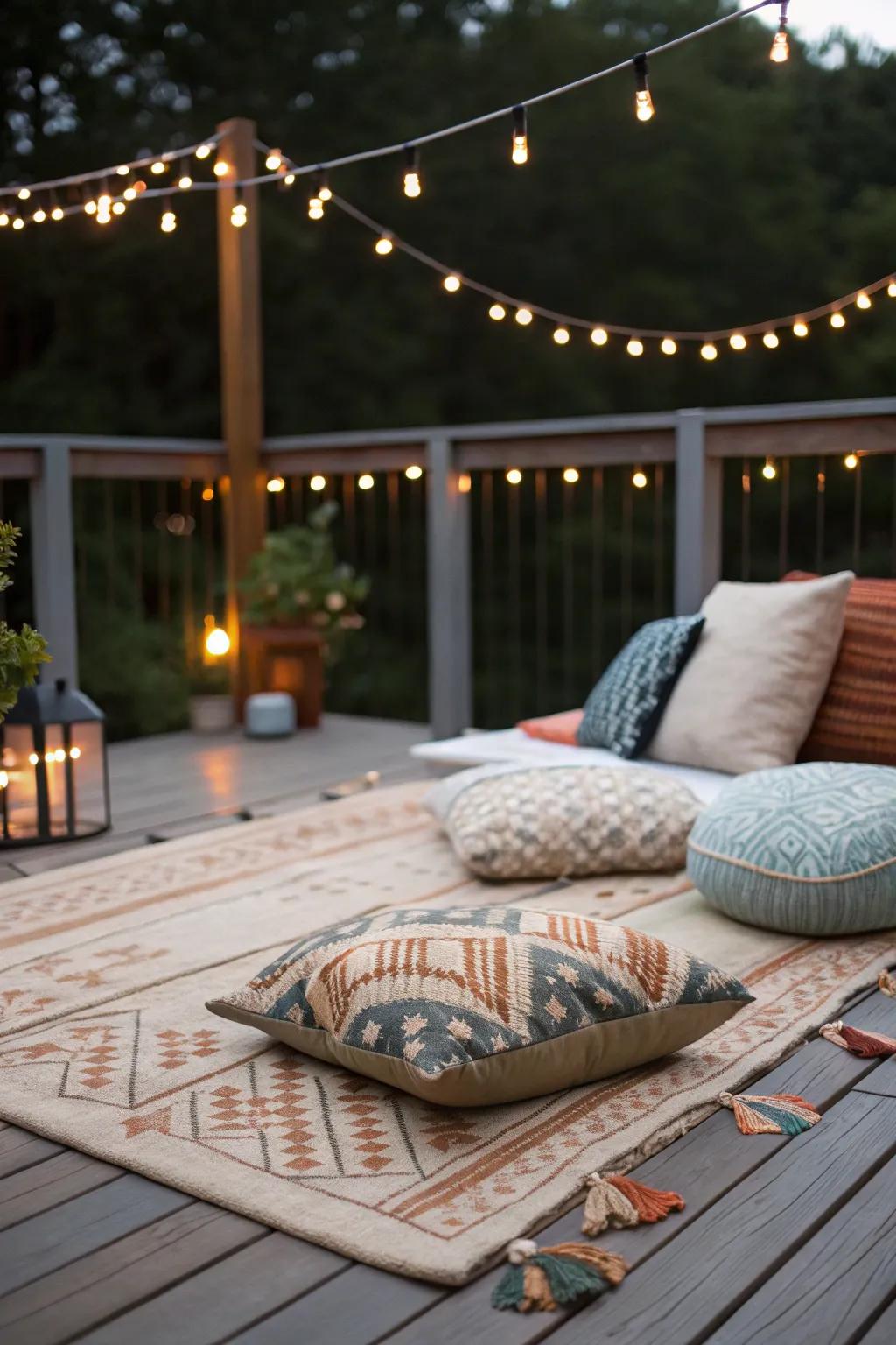 Produce a snug and alluring ambiance on your deck using warm textiles and illumination.