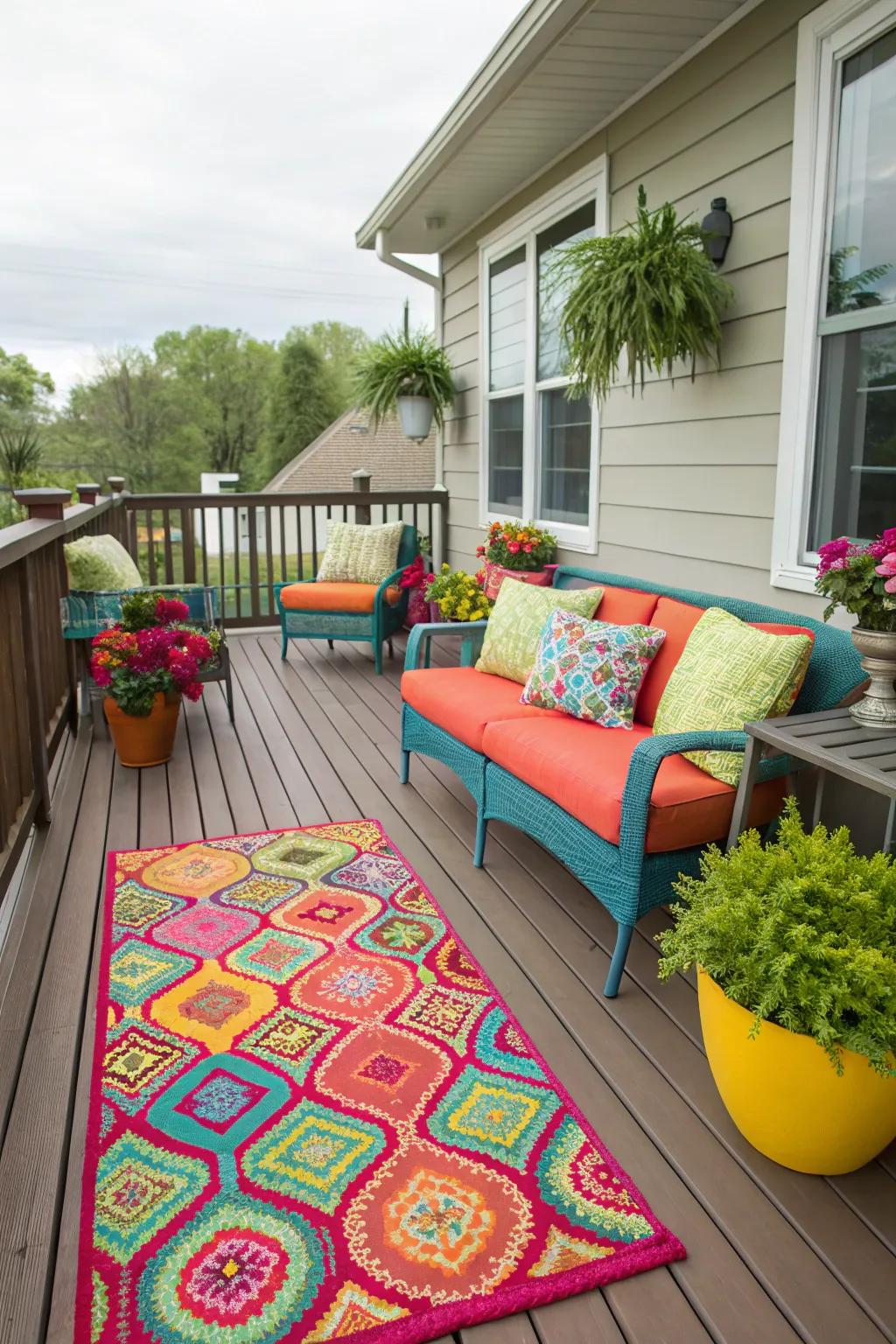 Bright accents bring life and personality to the porch.