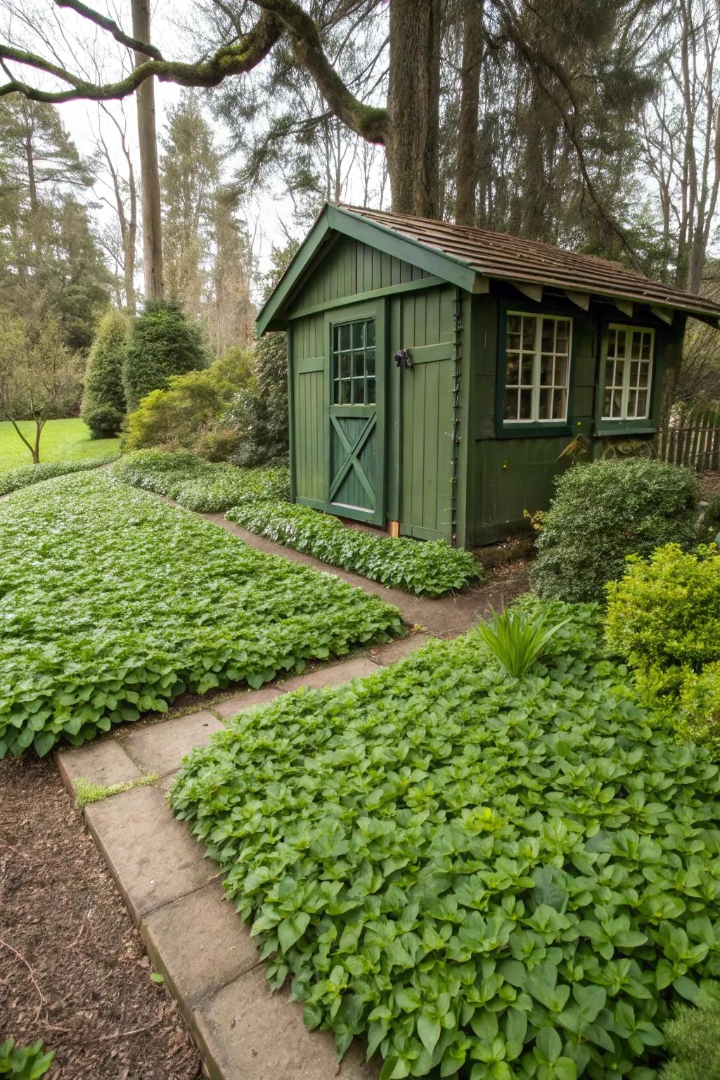 Creeping flora present a consistent, lush visual around your shed.