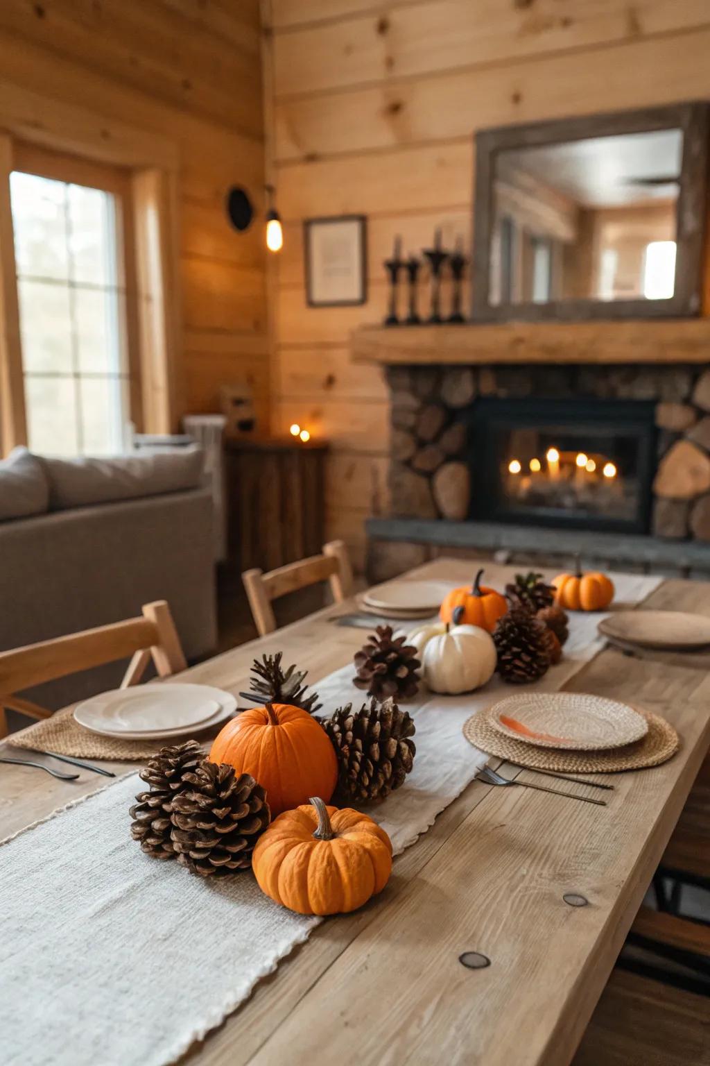 Seasonal ornaments adding charm to a rustic table.