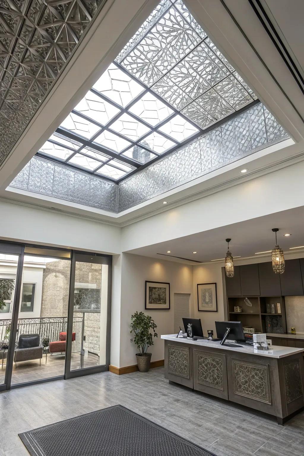 An office using a skylight featuring textured metal trim.