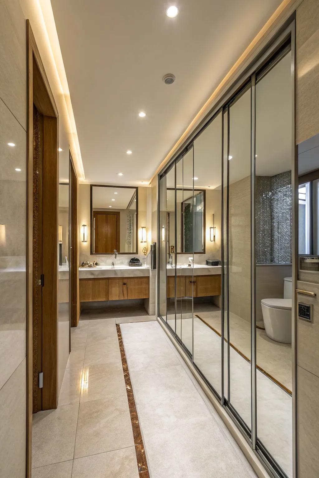 Mirrored sliding doors reflect light, making the bathroom feel brighter and larger.